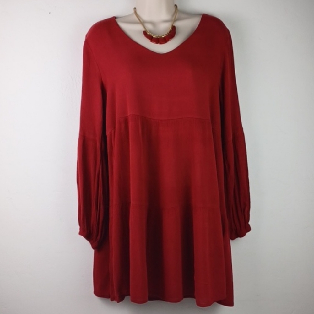 Exquisite Gauzy Red 100% Rayon Peasant Tunic Dress Top
